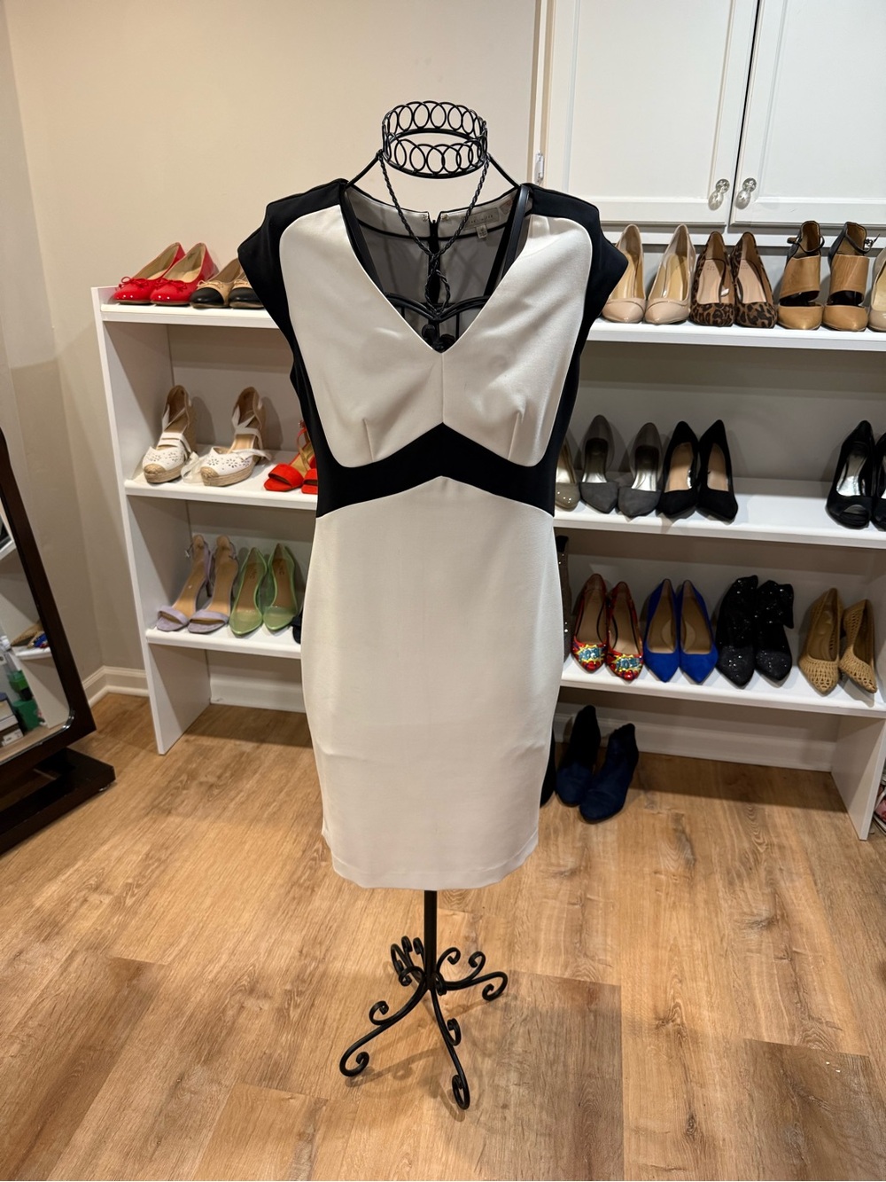 The Limited Black and White V-Neck Midi Sheath Dress